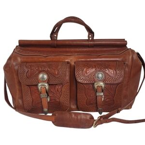 Vintage American West Hand Tooled Luggage Bag, Travel Bag, Carry-On Duffel Large